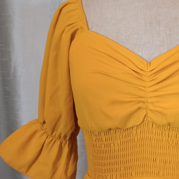 Rechic bohemian Vintage Short Dress, Yellow, Bell Sleeve,Zip, Pleated bust, S/ 2 - Picture 10 of 12
